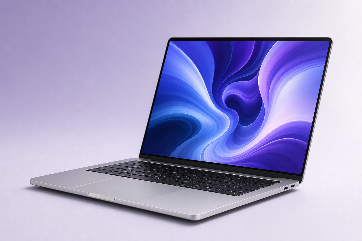 Futuristic silver laptop with a blue and violet display